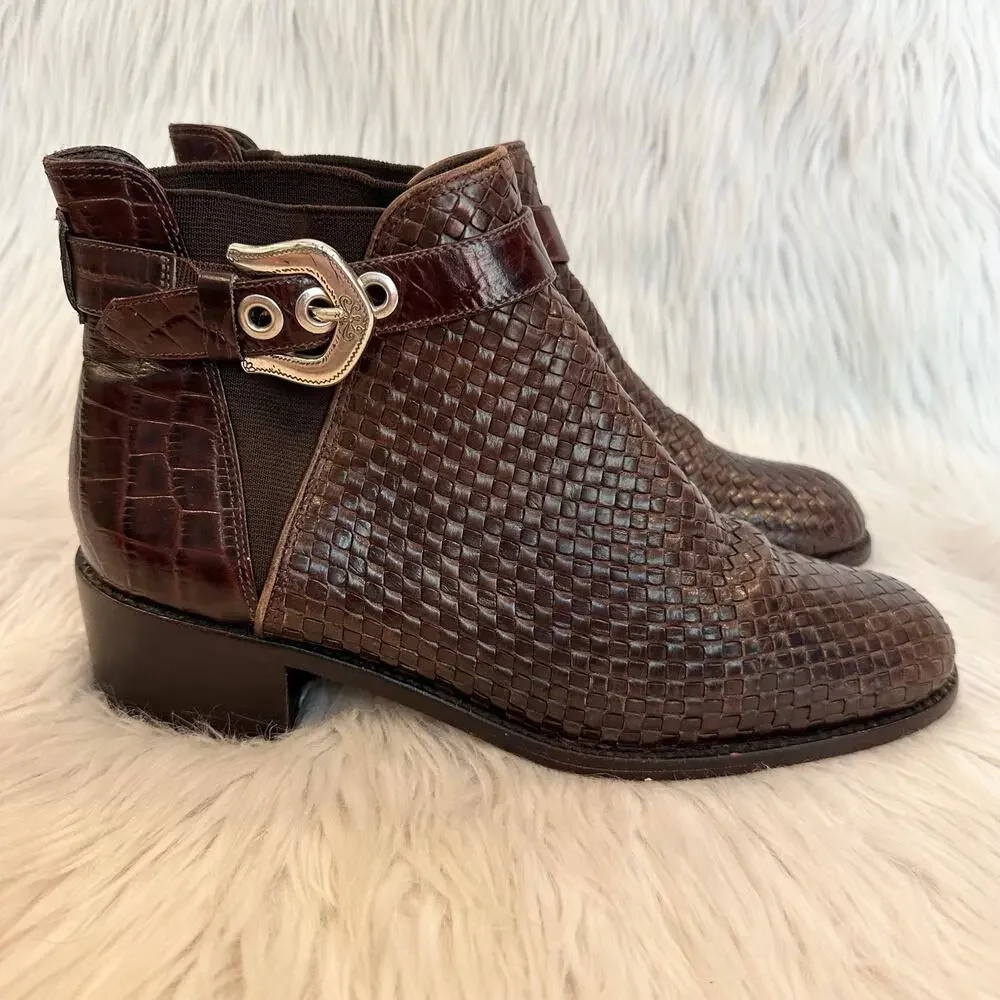 Brighton Winona Woven Leather Ankle Boot Snake Print Silver Buckle Chelsea Brown - Picture 10 of 10